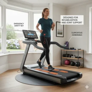 A runner using the supportive handrails and emergency safety key on a treadmill designed for rehabilitation and joint support.