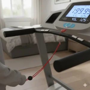 Emergency stop safety key and clip on an affordable folding treadmill for home use.