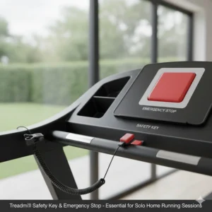 Close-up of a treadmill safety clip and emergency stop button, essential for solo home running sessions.
