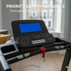 Detail of the red emergency stop safety key on a treadmill console, an essential safety feature for home exercise equipment in the UK.