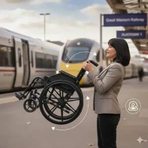 A person easily lifting a compact travel wheelchair frame to demonstrate its lightweight design.
