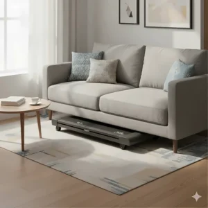 A slim folding treadmill being stored flat underneath a grey fabric sofa in a modern London flat.