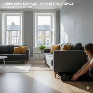 A slimline motorised treadmill being stored horizontally under a contemporary sofa in a small living room to maximise floor space.