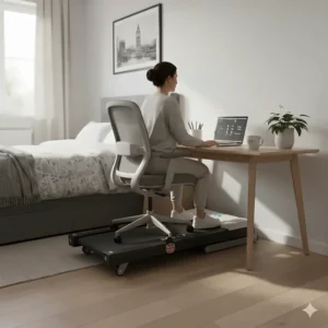 Slim walking pad treadmill under £200, ideal for light exercise in a multifunctional bedroom-office.