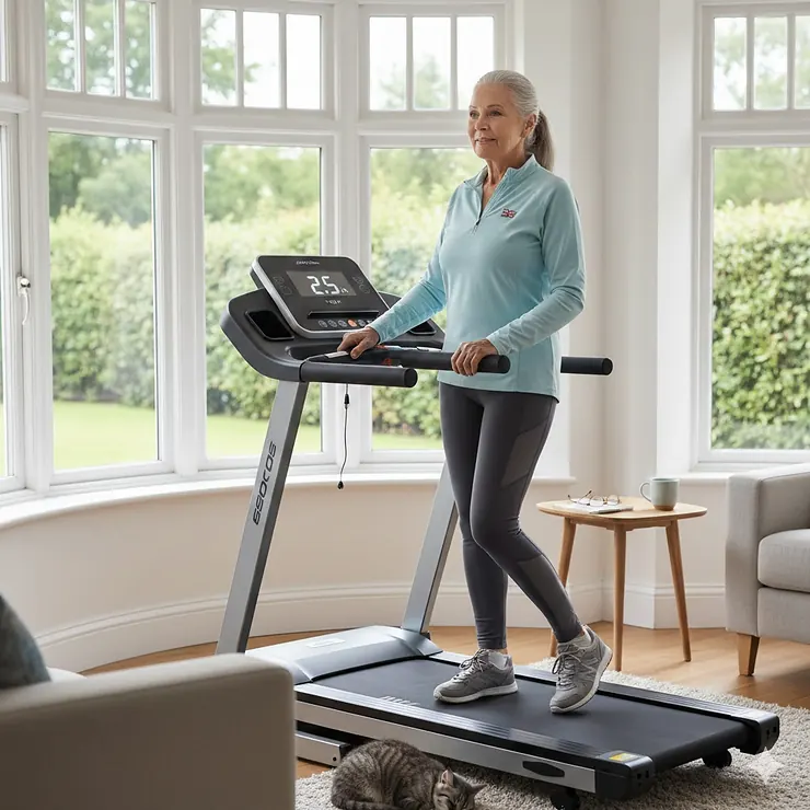 A healthy senior woman using a walking treadmill with sturdy handrails in a bright, modern British living room with garden views. walking treadmill for seniors with arthritis