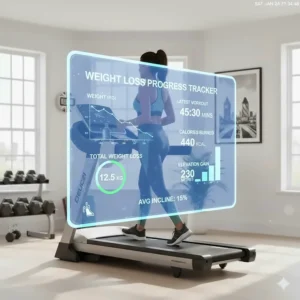A digital interface showing weight loss progress and elevation gain metrics from a 15% incline workout.
