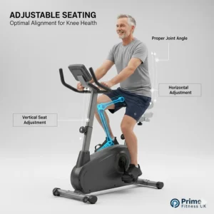 Diagram highlighting vertical and horizontal saddle adjustments on a magnetic bike to ensure proper alignment for knee health.