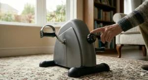 A close-up shot of a senior adjusting the black tension knob on a pedal exerciser to customise the resistance level for a home workout.