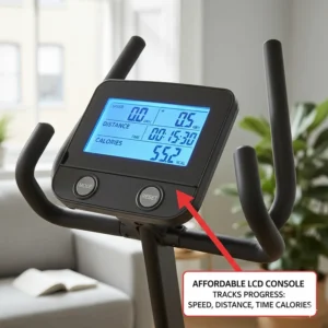 Close-up of a battery-operated LCD console on an under £300 bike tracking speed, distance, and calories.