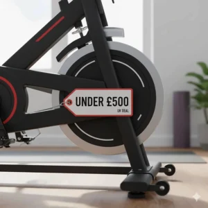 A close-up of a spin bike flywheel with a price tag graphic indicating it is under £500 for UK shoppers.