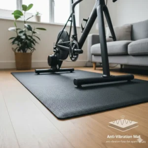 A direct drive trainer positioned on a thick rubber floor mat to dampen vibrations in a first-floor flat.