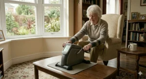 A senior woman using a pedal exerciser positioned on a wooden coffee table to perform arm cycles for upper body circulation and joint health.