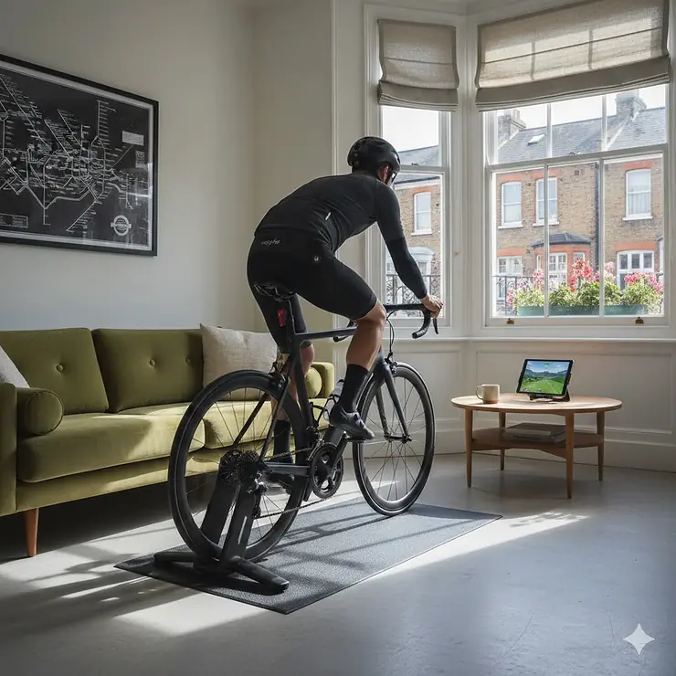 A high-end quiet direct drive trainer set up in a modern UK flat with a cyclist training silently next to a sofa. quiet direct drive trainer for flat apartment