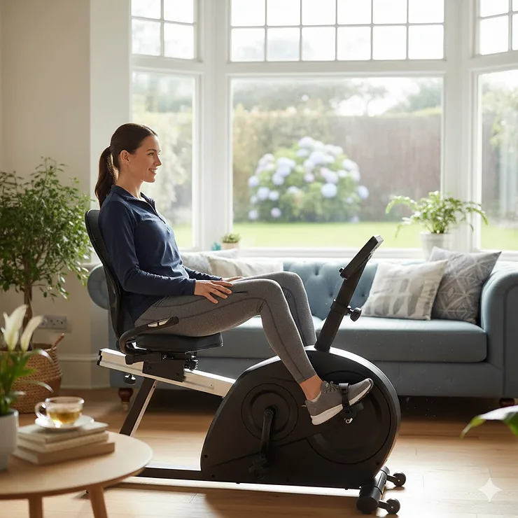 A person using a recumbent exercise bike for back pain relief in a bright UK living room, showing the reclined seat and lumbar support. recumbent bike for back pain relief