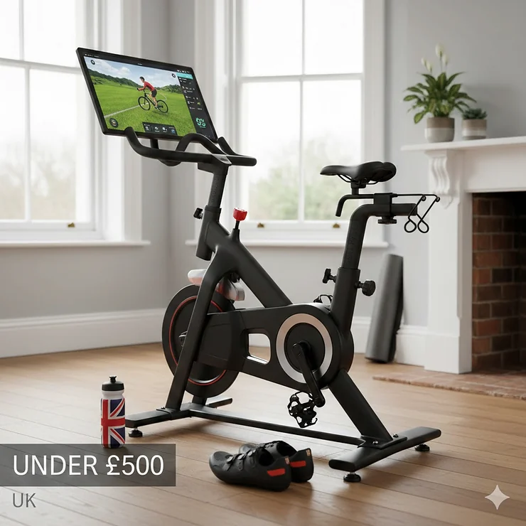 A person cycling on a budget-friendly spin bike compatible with Zwift in a UK home gym, showing the app interface on a tablet. spin bike compatible with Zwift UK under £500
