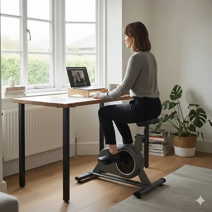A professional woman using an under-desk exercise bike while working at a wooden laptop stand in a bright UK home office. under desk bike for working from home