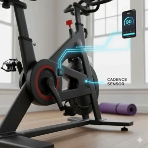 A detailed view of a speed and cadence sensor fitted to a standard spin bike for Zwift compatibility.