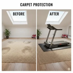 A before and after comparison showing unsightly carpet pressure marks versus a pristine carpet protected by a high-quality treadmill mat.