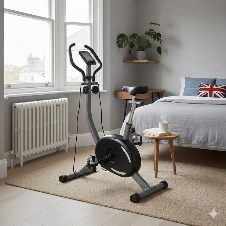 A compact folding exercise bike unfolded and ready for use in a modern, space-saving UK bedroom with natural lighting. compact folding exercise bike for small bedroom