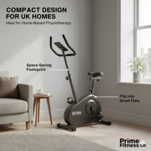 A space-saving magnetic exercise bike tucked into the corner of a modern UK flat, ideal for home-based physiotherapy.
