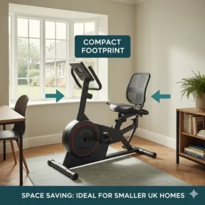 A compact recumbent bike positioned neatly in a small UK spare room, demonstrating space-saving design.