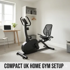 A space-saving recumbent bike positioned in a typical British spare room or home gym setup.