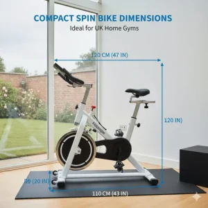 Illustration showing the floor space dimensions of a compact spin bike in centimetres to ensure it fits UK home gym standards.
