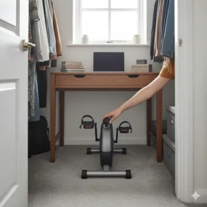 A compact under-desk bike being tucked away neatly under a desk in a typical British spare room or cloffice.