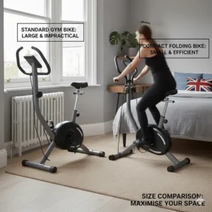 Visual size comparison between a bulky standard gym bike and a compact folding model designed for small rooms.