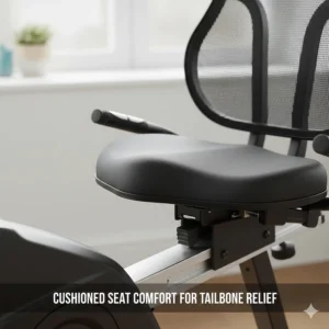 Detailed view of a wide, contoured padded seat on a stationary recumbent bike to reduce pressure on the tailbone.