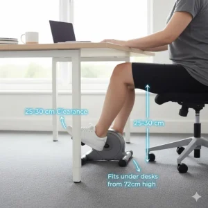 A diagram showing the height clearance needed between a standard British office desk and a user's knees while cycling.