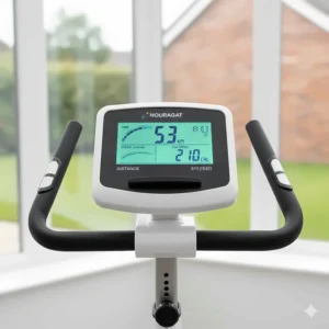 Clear view of an LCD monitor on a budget spin bike tracking distance in kilometres and calories burned during a session.