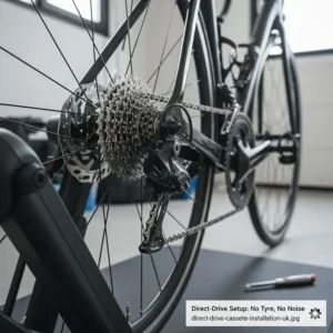 A close-up of a road bike mounted on a direct drive trainer, highlighting the lack of tyre-on-roller noise.