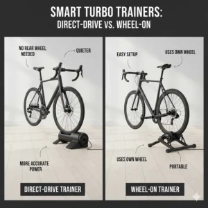 Infographic comparing a direct-drive trainer and a wheel-on smart turbo trainer for indoor cycling.