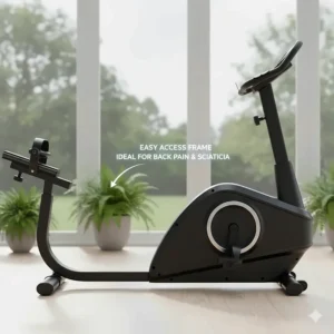 Illustration showing the low step-through frame of a recumbent bike, ideal for UK users with limited mobility or sciatica.