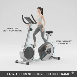 An illustration highlighting the easy-access step-through frame of a recumbent bike, designed for users with limited mobility or joint pain.