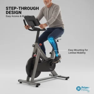 Close-up of a step-through frame design on a magnetic bike, allowing easy mounting for users with limited knee mobility.