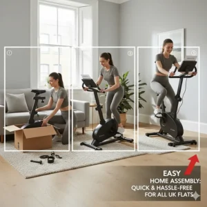 Illustrated steps for quick home assembly of a budget-friendly exercise bike in a small hallway or lounge.