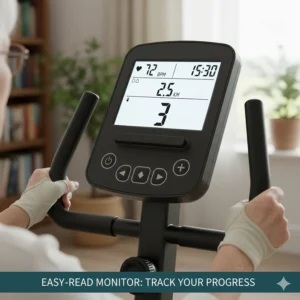 A large, high-contrast digital display showing heart rate and distance for easy reading by older adults.