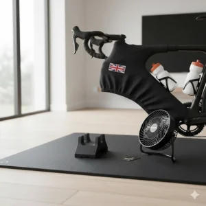 A collection of indoor cycling gear including a trainer mat, front wheel riser block, and a sweat cover.