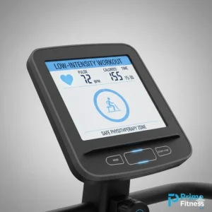 Digital display on a magnetic bike showing low-intensity settings and pulse monitoring for a safe physiotherapy session.