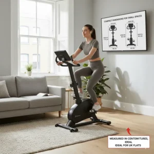 Diagram showing the small footprint of an affordable exercise bike, measured in centimetres for UK buyers.