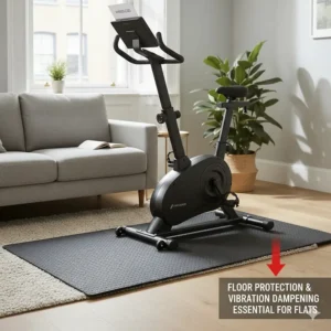 A heavy-duty floor mat placed under a cycle to dampen vibrations and protect laminate flooring in a flat.