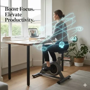 A conceptual illustration showing the link between light physical activity on a desk bike and increased mental focus for remote workers.