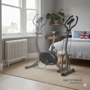 Side profile illustration showing how the exercise bike folds vertically for easy storage in a small British flat.