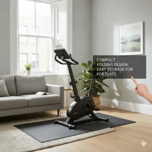 A folding exercise bike tucked away neatly behind a sofa, ideal for limited space in British flats.