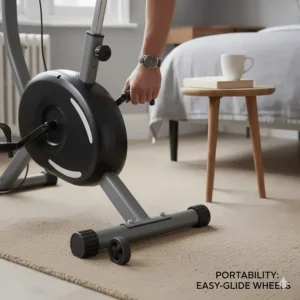 A lightweight folding exercise bike stored inside a white hallway cupboard for a clutter-free British home.