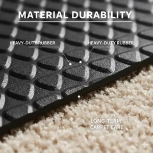 A close-up detail of the heavy-duty rubber material used in a treadmill mat designed for long-term carpet care and durability.