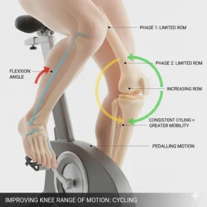 Technical illustration showing how consistent pedalling on a recumbent bike helps increase the knee's range of motion and joint flexion.