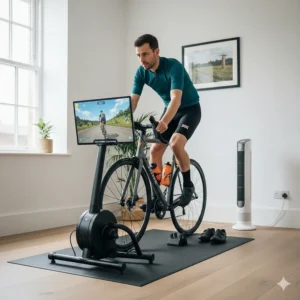 A compact indoor cycling setup in a British spare room featuring a smart trainer, fan, and Zwift display.